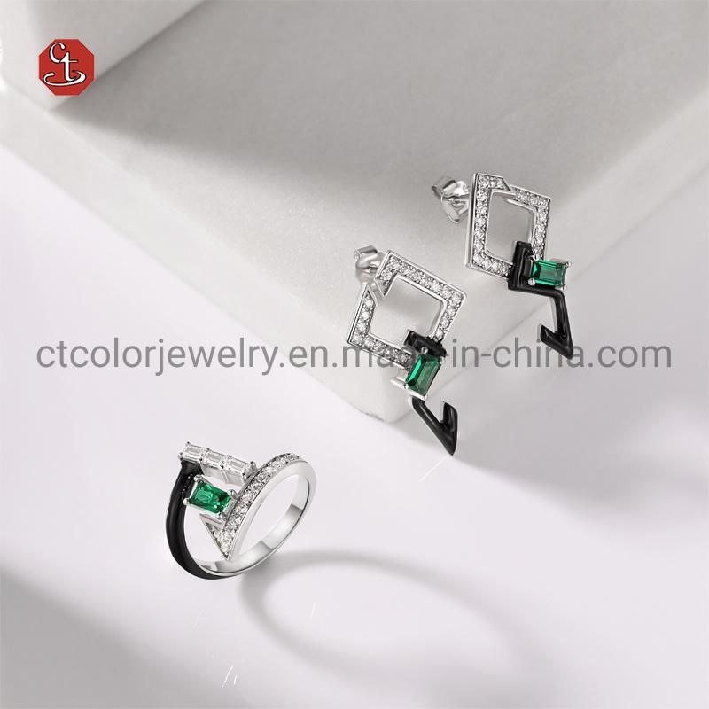 Fashion Jewelry 925 Sterling Silver and Emerald Color CZ Rhombus Earrings Jewellery
