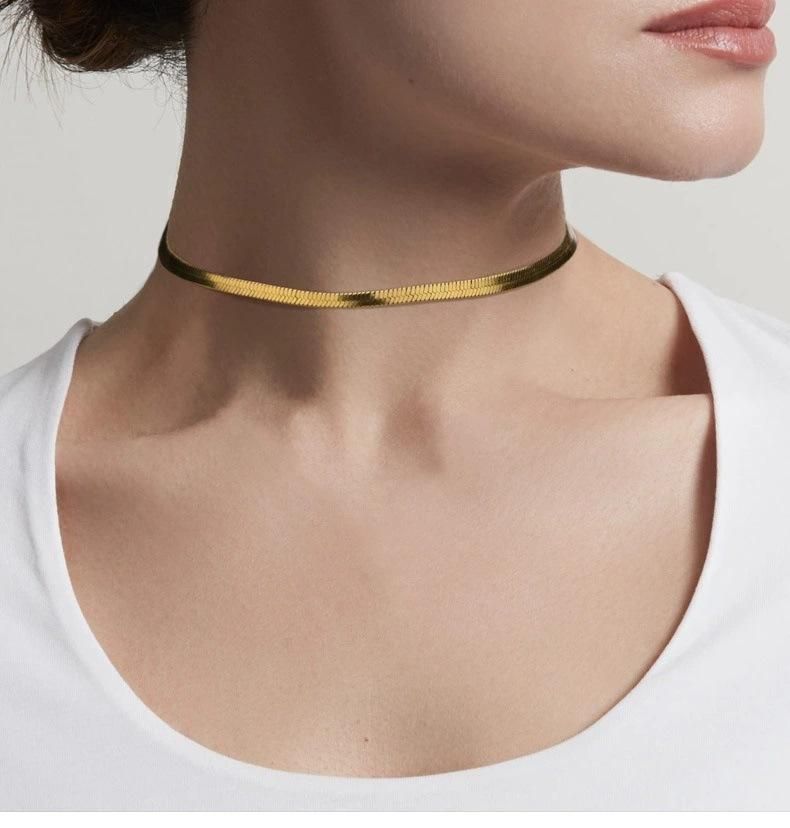 Wholesale Jewelry Herringbone Snake Necklace Stainless Steel 14K/18K Gold Plated Flat Snake Necklace