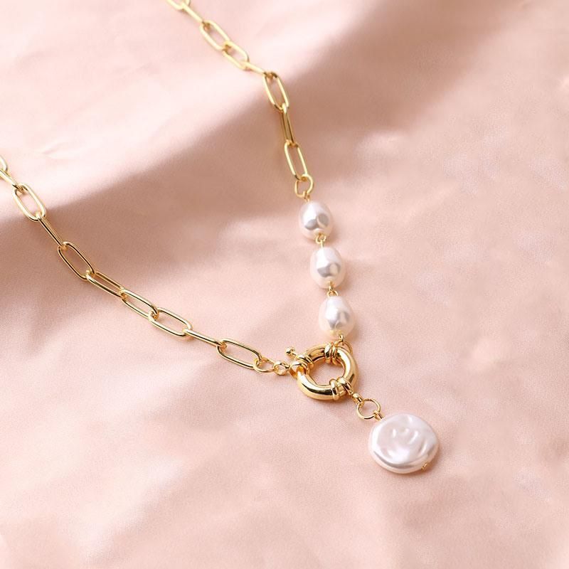 Popular Custom 18K PVD Gold Plated Stainless Steel Chain Irregular Baroque Freshwater Pearl Pendant Necklace Jewelry