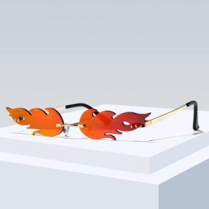 Fashion Flame Lens Design Rimless Frame Metal Temple Party Sunglasses