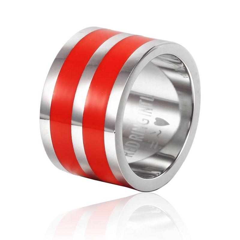 Silver 316L Stainless Steel Ring Finger Chunky Wedding Jewelry Red Enamel Ring