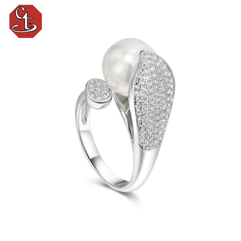 Fashion 925 Sterling Silver Micro Pave CZ Jewelry for Women Pearl Ring with Pearl Girl Jewelry