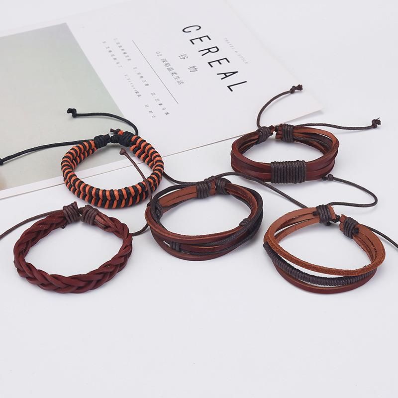 Men′s Leather Braided Bracelets Wrap Wood Beads Bracelet Woven Ethnic Tribal Rope Wristbands Bracelets Set Adjustable