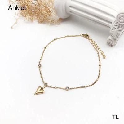 Manufacturer Customized Stainless Steel Jewelry High Quality Waterproof Heart-Shaped Zircon Anklets Jewelry Supplier Gold Foot Chain