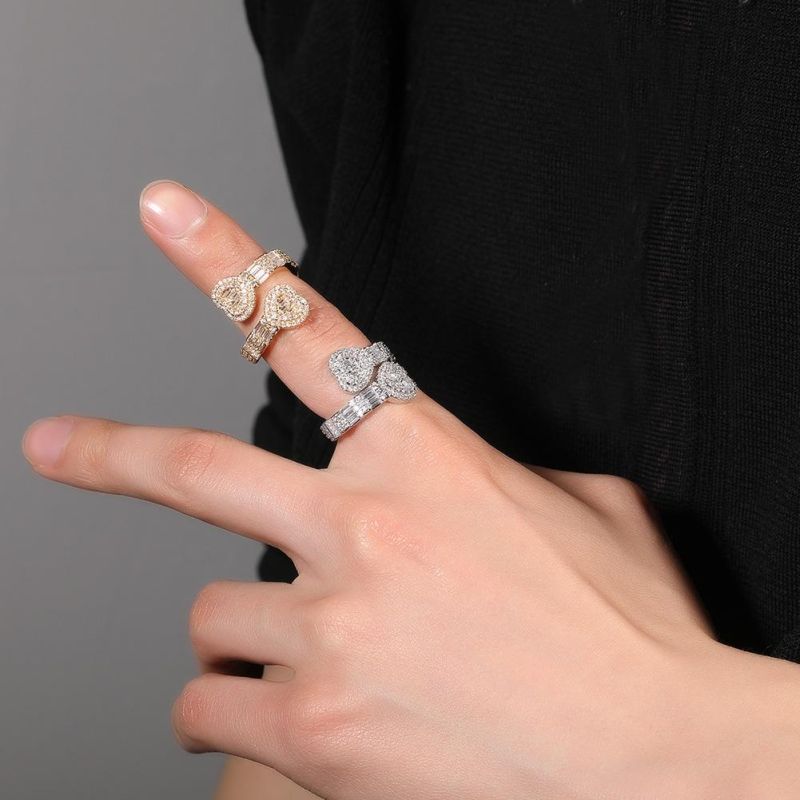 Fashion Iced out Baguette Diamond Heart Love Hip Hop Ring Jewelry