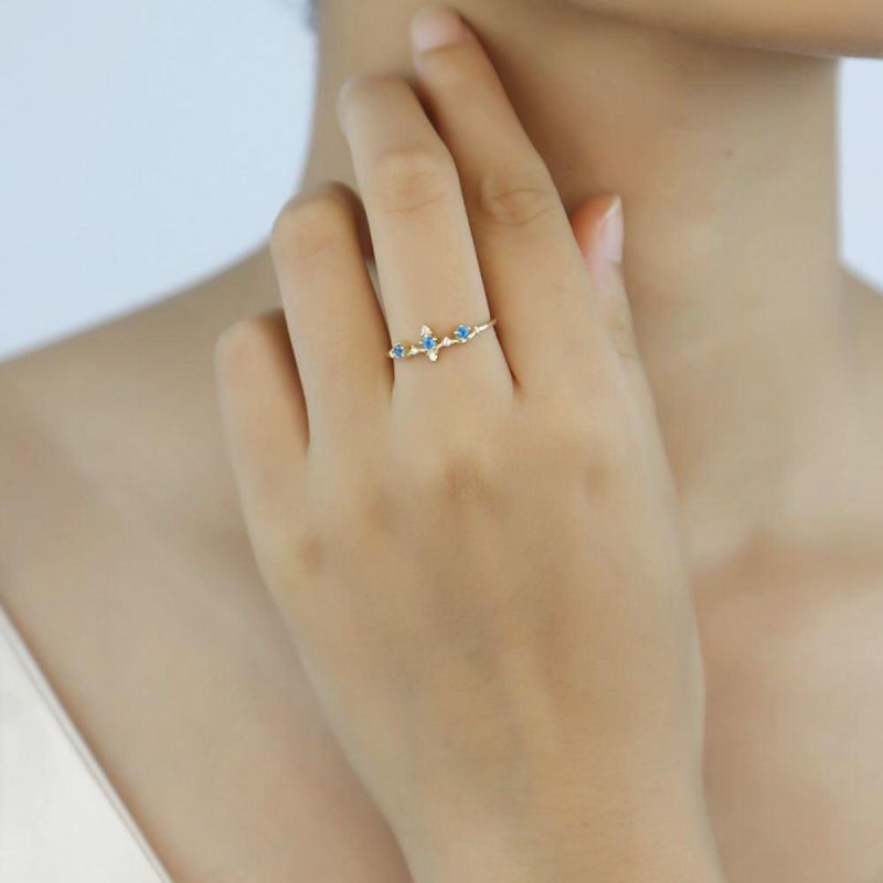 925 Sterling Silver 14K Gold Plated Blue Crystal Crown Ring Women Classic Cute Proposal Party Jewelry