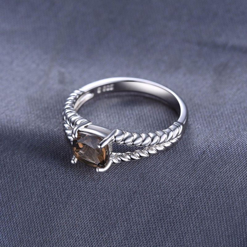 Semi Precious Gemstone Jewelry Genuine Smoky Quartz Solitaire Rope Ring 925 Sterling Silver Jewelry