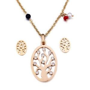 Trendy Fine Beauty Christmas Gift Stainless Steel Oval Tree of Life Earrings Pendant Jewelry Set Necklace