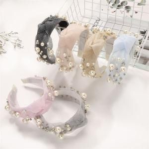 2021 New Creative Gauze Cross Knot Pearl Headband Elegant Bridal Wedding Headband