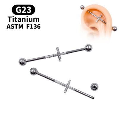 New G23 Titanium Body Piercing Jewelry Zircon Inlaid Men&prime;s and Women&prime;s Fashion Cross Industrial Barbell
