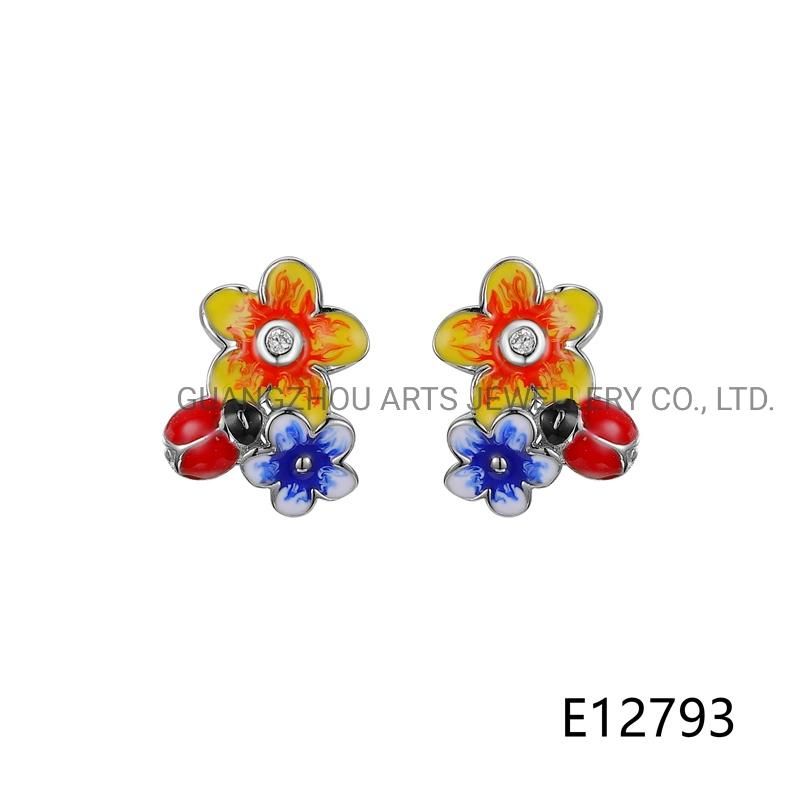 925 Silver Gradiant Blue & Yellow Enamel Flower Stud Earring