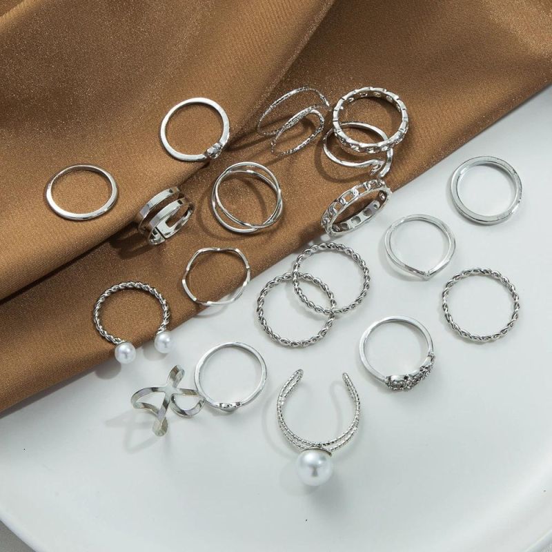 Simple Pearl Love Open Ring 19 PCS/Set Knuckle Ring European and American Metal Jewelry Women′ S Ring Set Dropshipping Wholesale