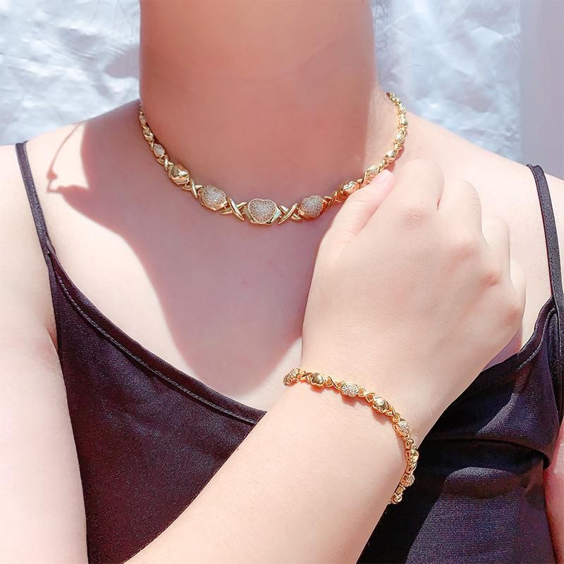 Western Fashion Jewelry Ins Style Heart Shape Gold Bracelet&Necklace Set