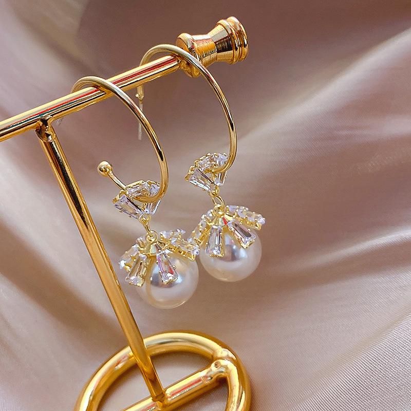 925 Silver Needle Zircon Snowflake Imitation Pearl Earring Korean Ins Fashion Earrings Temperament Simple All-Match Earrings for Women