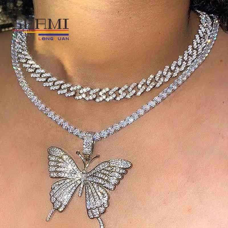 Cuban Beaded Chain Butterfly Layered Diamond Choker Necklace for Women