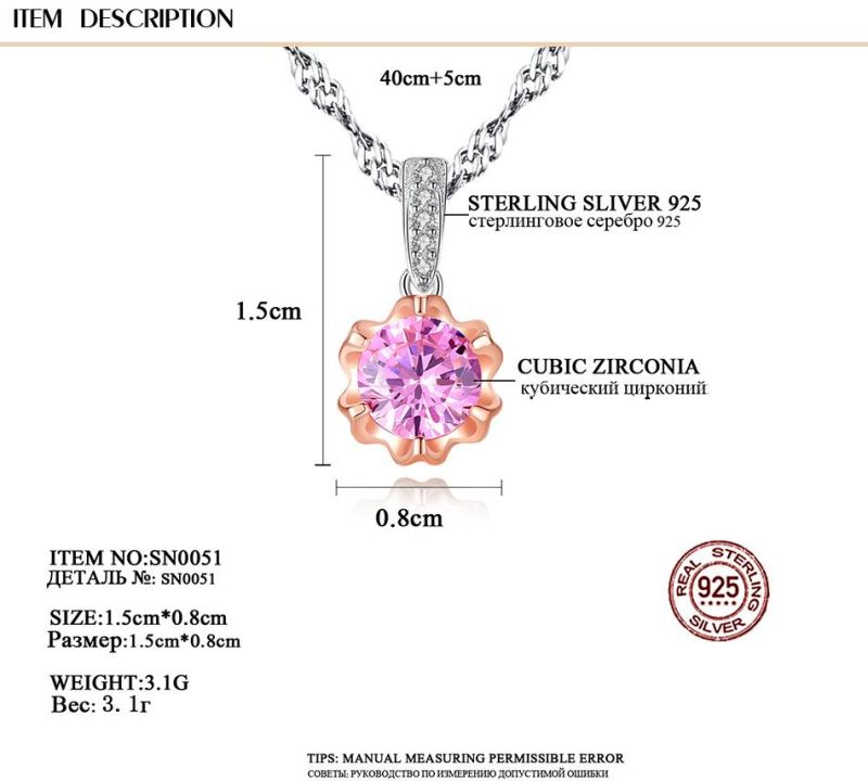 925 Sterling Silver Necklace with Purple Flower Drop for Female
