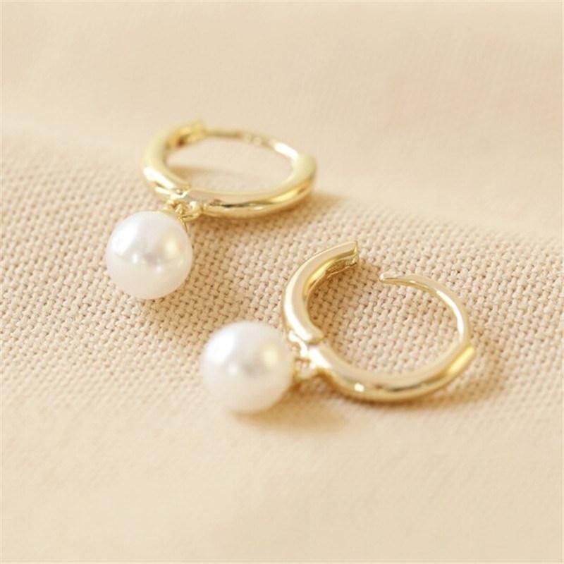 Organic Shape Glass Pearl Huggie Hoop Earrings in Gold for Women Girls Fashion Jewelry