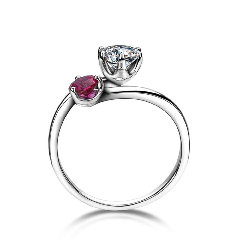 Romantic Heart Cut Gemstones18K White Gold Plated Ruby Moissanite Diamond Ring for Women