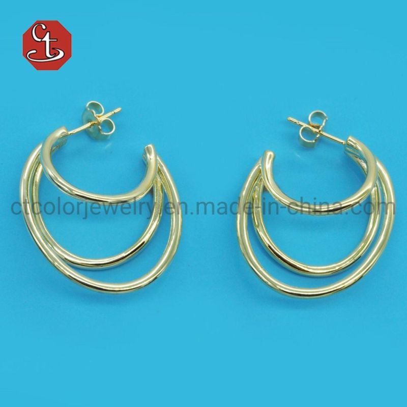 Special Trendy Gold Double Line Plain Sterling Silver Jewelry Hot sale Hoop Earring