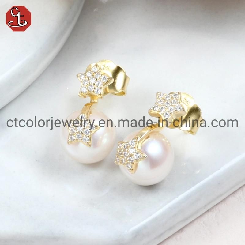 Fashion Jewelry Silver and Brass Shell Pearl Star Earring for Women