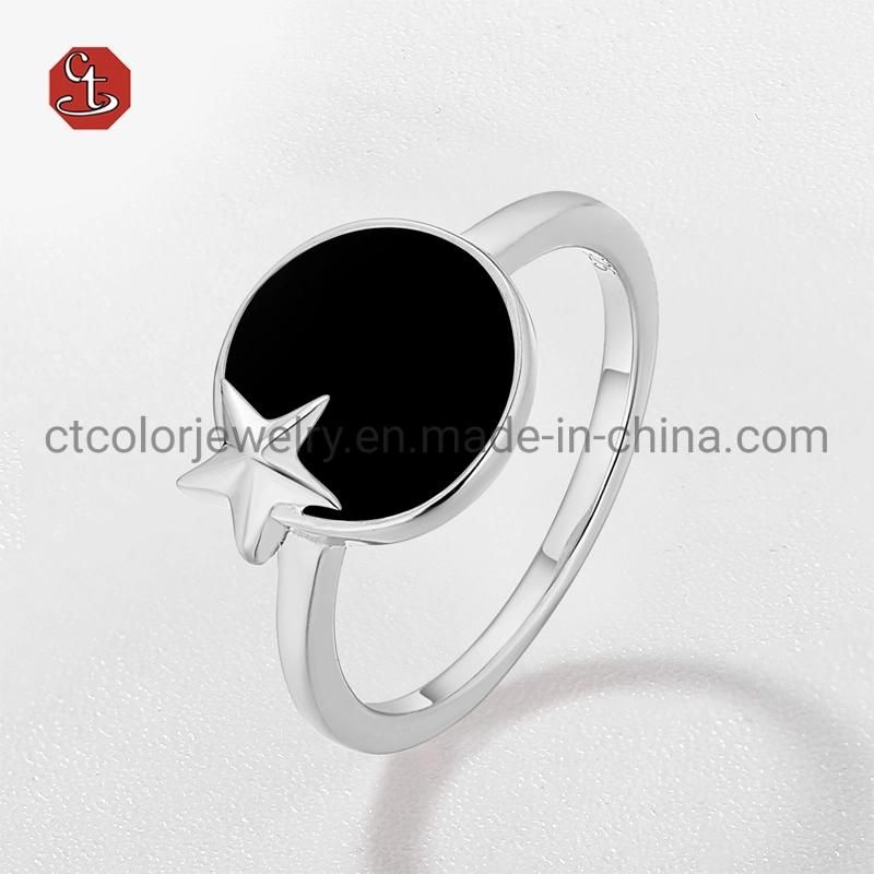Jewelry  Rose&White Plated 925 Sterling Silver Ring Black&White Enamel Star Signet Rings
