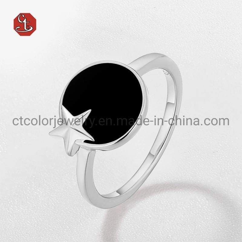 Jewelry Rose&White Plated 925 Sterling Silver Ring Black&White Enamel Star Signet Rings