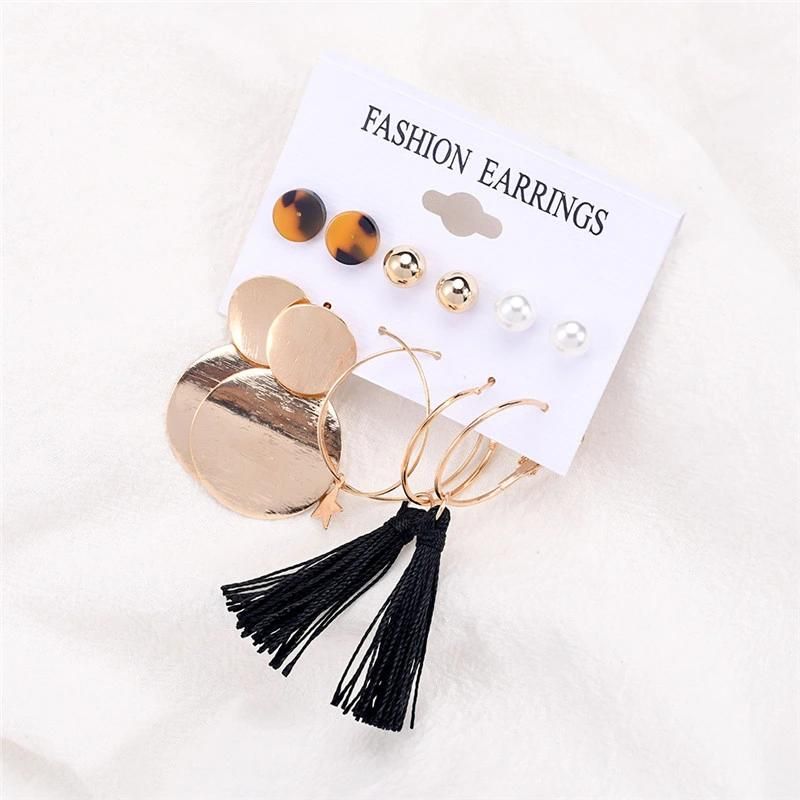 Emanufacture Classic Multiple Earrings with Tortoise Stud Pearl and Ccb Studs Round Sandblast Drop Earring Black Tassel Hoop 6 Pair Earrings for Women Girls Lad