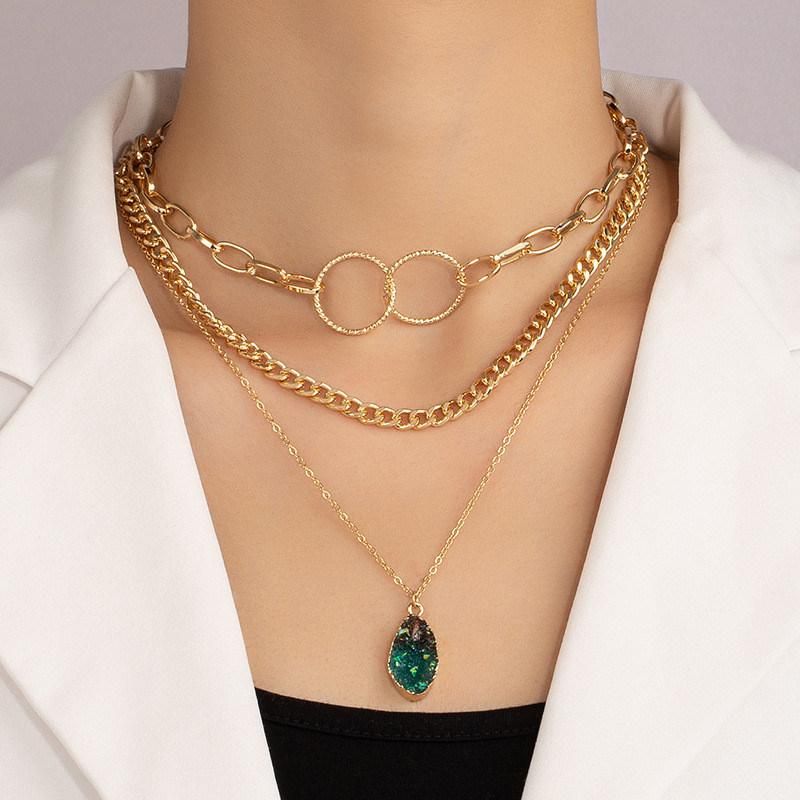 New Trendy Simple 3 Layered Curb Chain Big Small Links Mixing Multiple Necklace with Blue Agate Pendant Stone