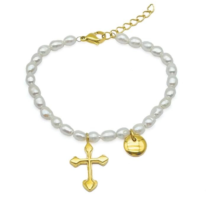 High Quality Not Fade PVD Gold Plated Jewelry Stainless Steel Cross Pendant Pearl Charming Necklace for Women Gift