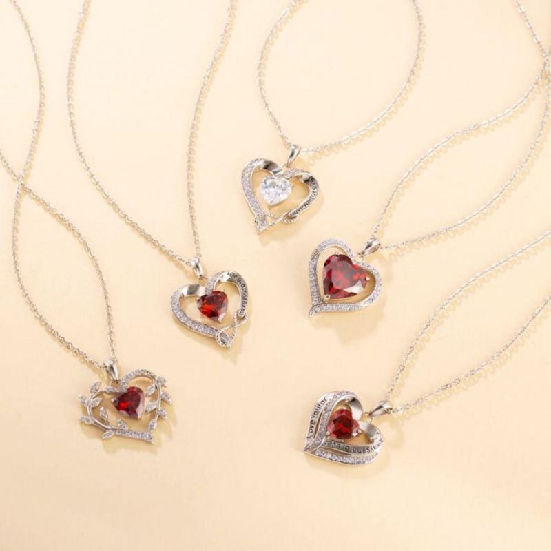 Garnet Birthstone 18K White Rose Gold Plated 925 Sterling Silver Diamond Heart Shape Pendant Heart Necklaces for Women