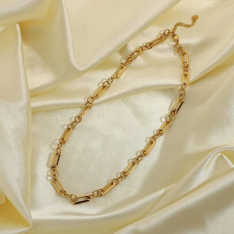 14K Gold Plated Stainless Steel Chain Link Necklace Mixed with O & Retangle Chain for Women Fashion Jewelry
