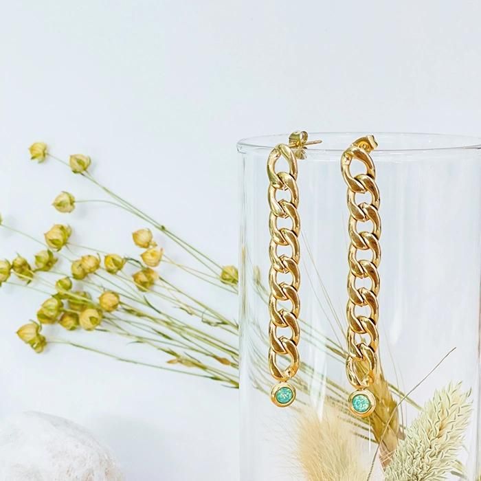 Fashion Earrings Bulkbuy Stainless Steel Gold Plated Figaro Chain Earring with Stone for Lady Elegant Jewelry Gift