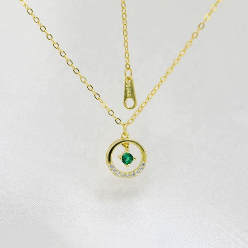 925 Silver Jewelry Emerald Zircon Geometric Circle Pendant Clavicle Chain Necklace Women Classic Party