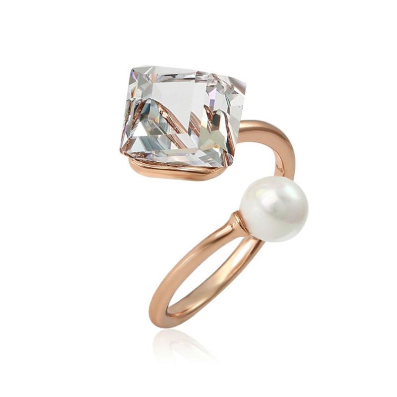 Jewelry Elegant Fashion High Design Generous Crystal Open Ring Pearl Adjustable Rose Gold Ring