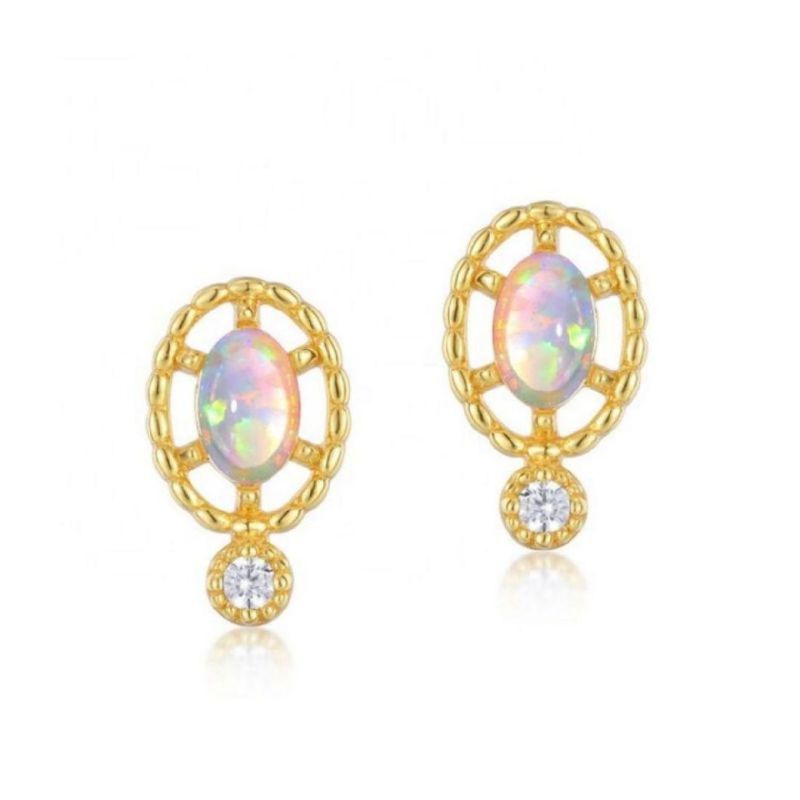 Factory Price 925 Sterling Silver Synthetic Opal Earrings Jewelry Hollow Oval Stud Earrings