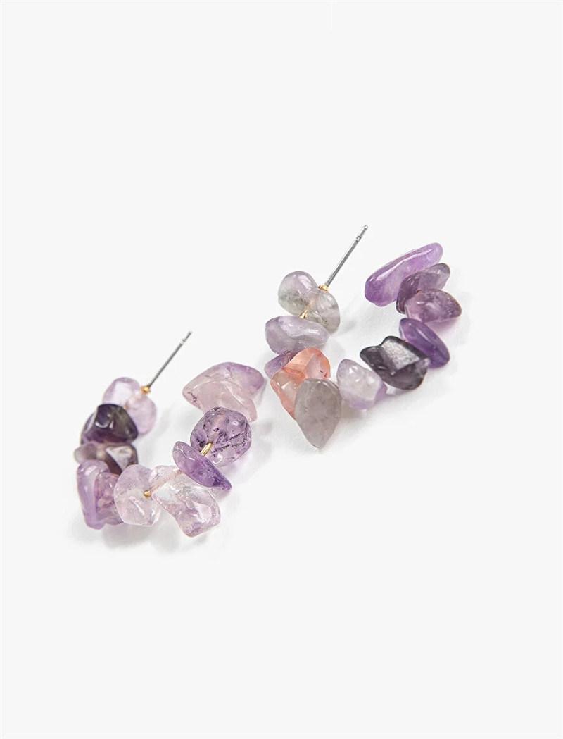 Manufacture Wholesale Price Style Natural Semiprecious Stone Detail Hoop Earring in Amethyst and Green Colors Fashion Accessories