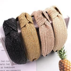 New Arrival Cool Summer Handmade Straw Braided Knotted Hair Band Hand-Woven Wide Headband