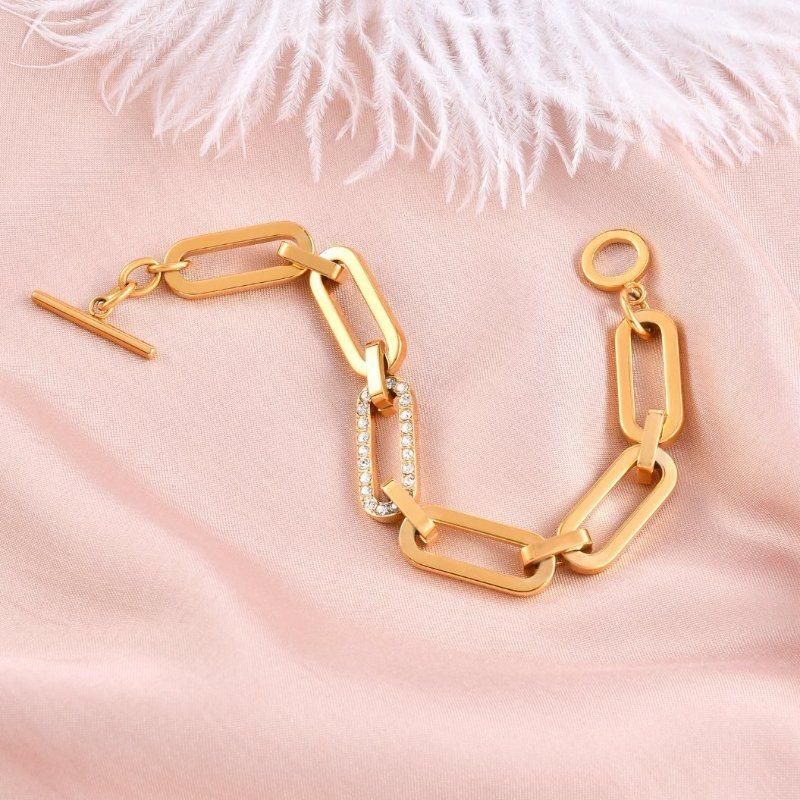 Gold Plated Not Allergic Thick Paper Clip Bracelet with Zircon Stone/ Crystal for Ladies Women