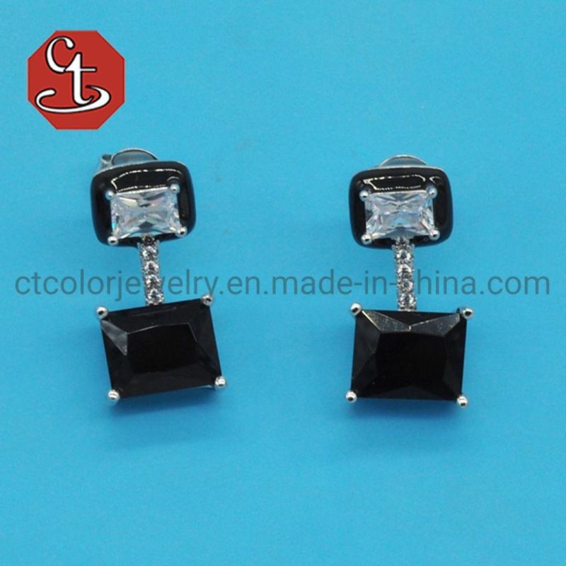 Black Colorful Enamel Stud Square Shape Green Glass Earring Gems Fashion Jewelry