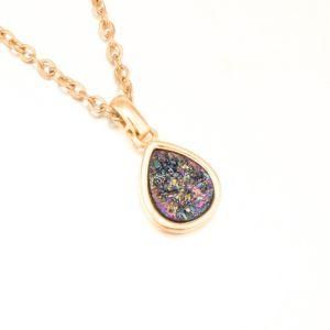 Wholesale Stainless Steel Druzy Quartz Gemstone Water Drop Shape Crystal Necklace