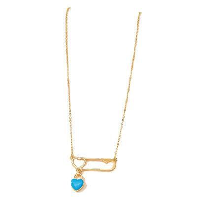 Trendy 2022 Fashion Jewelry Manufacture Dangling Blue Gemstone Double Heart Safety Pin Pendant Necklace for Women