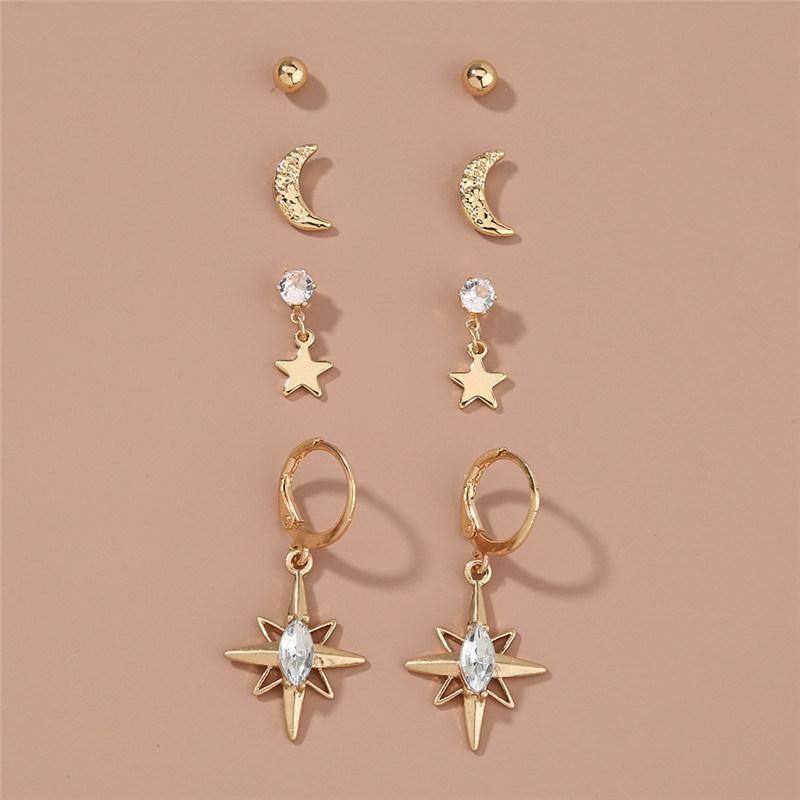 Manufacture Basic 4 Pairs Alloy Moon Stamping Sun Drop Crystal Marquise Multiple Set Earrings for 18K Gold Filled Women Jewelry