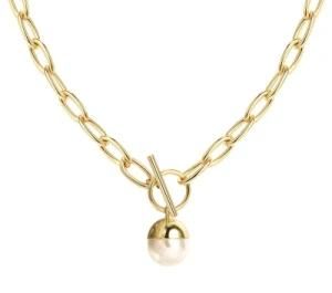 Wholesale 14K Gold Jewelry Chunky Chain Pearl Pendant Necklace Thick Chain Pearl Necklace