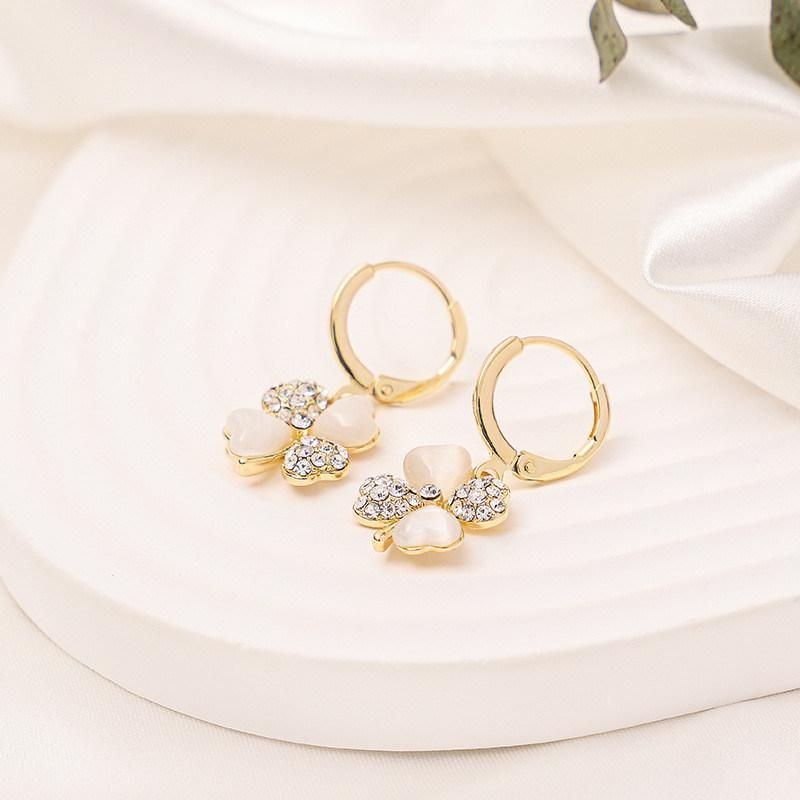 Korean Fashion Lucky Four Leaf Clover Drop Earring with Natural Cat Eye Round Huggie Hoop Fashion Earring for Lady Anniversary Gift