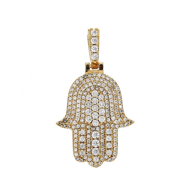 Hamsa Hand Iced Diamond Pendant Men′ S 14K Yellow Gold/CZ Pendant