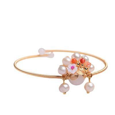 Fashion Design 14K Gold Plated Hand-Made Bangle Pearl Crystal Bracelet