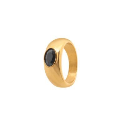 Jeweler&prime;s Brown Round Black Stone Stylized Stainless Steel Gold Plated Ring Gold Plated Gem Ring