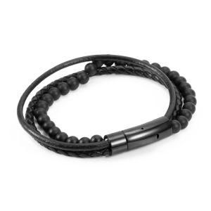 Fashion Jewelry Stainless Steel Clasp Stone Weave Leather Men Bracelet