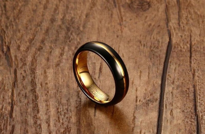 6mm Tungsten Steel Black Gold Ring Men′s Ring Jewelry Tst8135