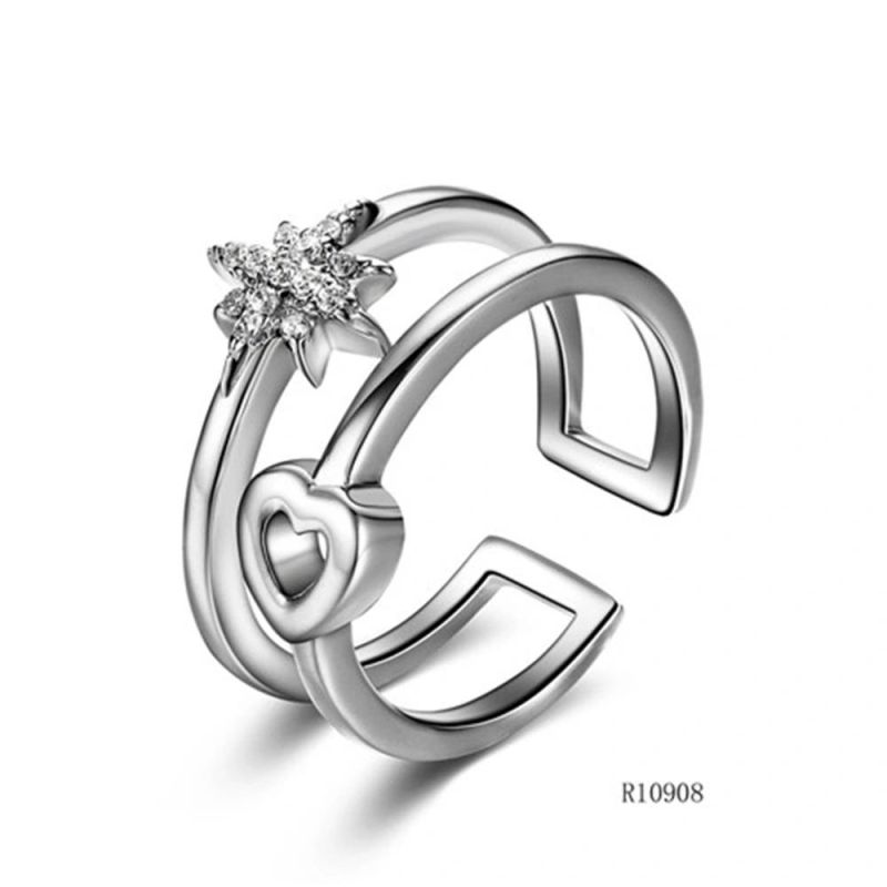Double-Layer Heart Silver with CZ Open Ring